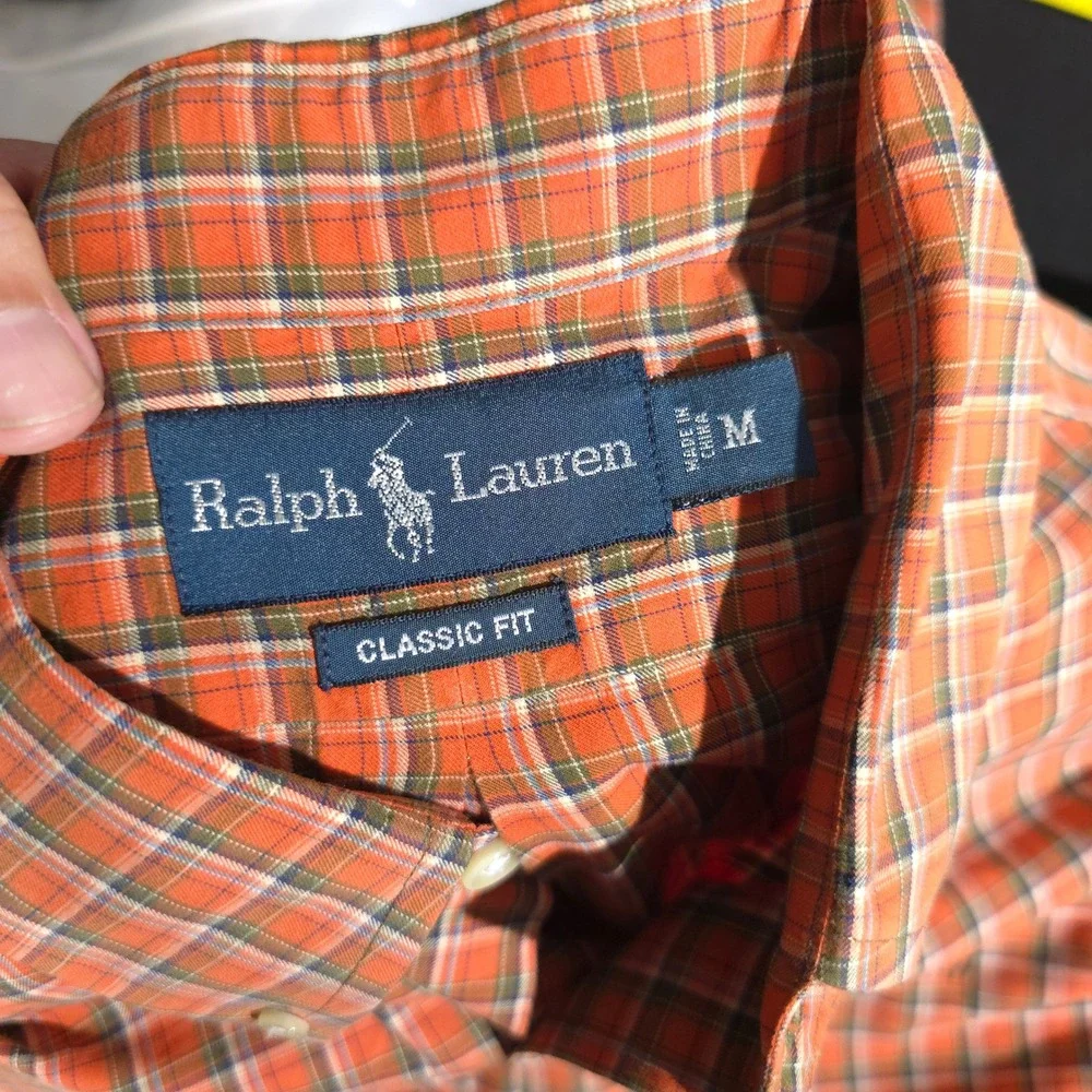 Ralph Lauren Plaid Shirt Mens Medium Orange Classic Fit Long Sleeve Button Down